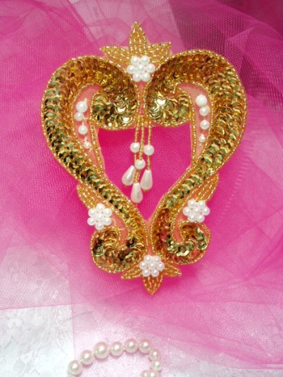Gold Heart  4" Sequin Beaded Applique  0063