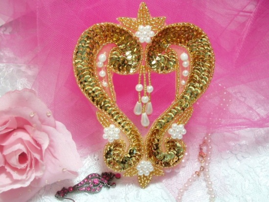 Gold Heart  4" Sequin Beaded Applique  0063