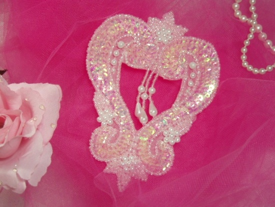 Pink Heart 4" Sequin Beaded Applique  0063