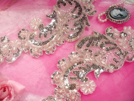 0049 Silver Paris Mirror Pair 13" Sequin Beaded Appliques