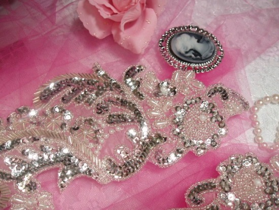 0049 Silver Paris Mirror Pair 13" Sequin Beaded Appliques