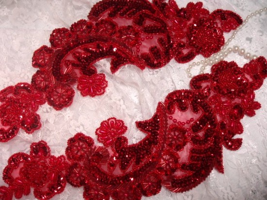 0049 Red Paris Mirror Pair 13" Sequn Beaded Appliques 0049