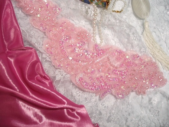 Pink Crystal AB Paris Mirror Pair 13" Sequin Beaded Appliques 0049
