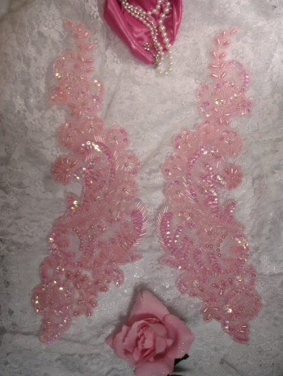 Pink Crystal AB Paris Mirror Pair 13" Sequin Beaded Appliques 0049