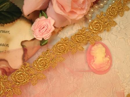 C112 Elegant Gold Metallic Rose Victorian Venice Lace Trim  1"