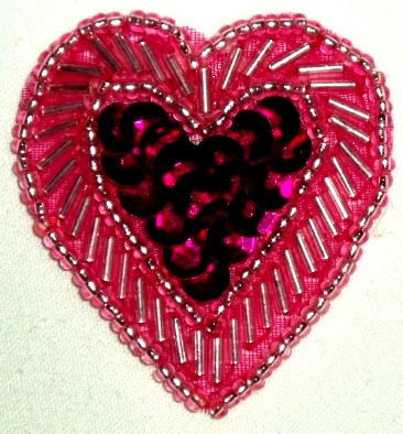 LC311  Fuchsia Heart Sequin Beaded Applique  1.75"