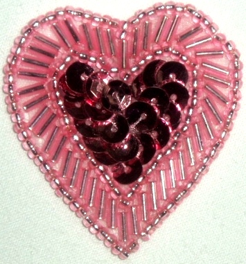 LC311  Mauve Heart Sequin Beaded Applique  1.75"