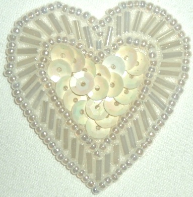 LC311  White AB Heart Sequin Beaded Applique  1.75"