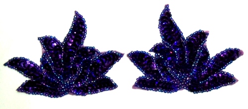 LC349  Royal Blue Leaf Mirror Pair Sequin Beaded Appliques 3.25"