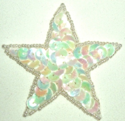 LC354 White AB Star Sequin Beaded Applique  2.5"