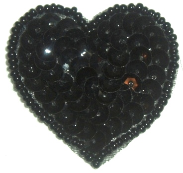 LC364  Black Heart Sequin Beaded Applique  1.5"