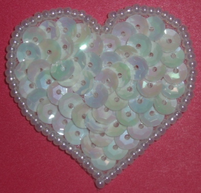 LC364  White Ab Heart Sequin Beaded Applique  1.5"