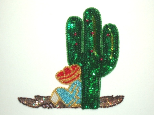 E0188 Mexican w/ Cactus Sequin Beaded Applique 6"