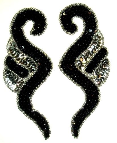 E213  Black & Silver Sequin Beaded Applique 7"