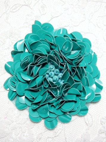 E251  Turquoise Beaded Sequin Applique Flower Brooch 2.75"