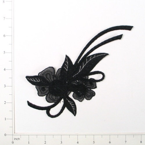 E644  Black Floral Motif Iron On Applique 8"