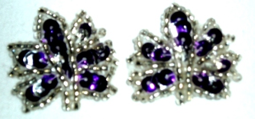 EB15  Set of ( 2 )  Purple Silver  Leaves Sequin Beaded Appliques 1"