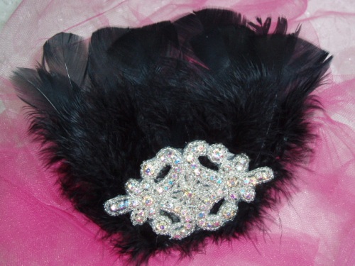FB31 Black Rhinestone Feather Applique Brooch 6"