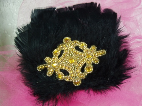 FB32  Black Gold Feather Applique Brooch  6"