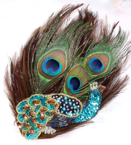 FB6  Peacock Feather Brooch Applique 8"