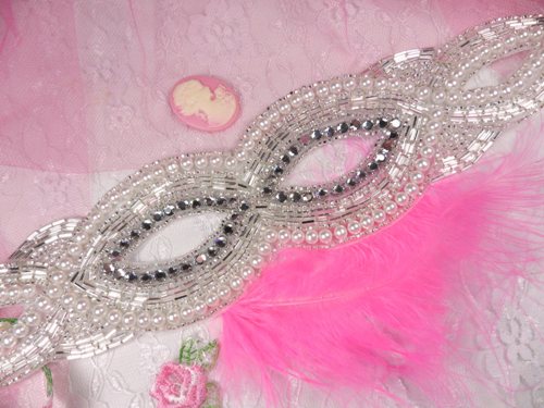 FS304  Silver Pearl Rhinestone Beaded Applique 11"