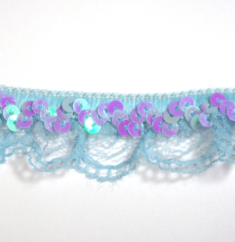 E6186  Lt. Blue Lace Scallop Sequin Stretch Trim 1"