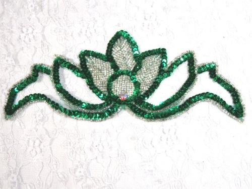 K8143  Green Rhinestone  Beaded Sequin Applique 7.25"