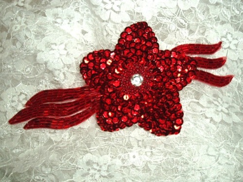 K8511  Red Jewel Floral Sequin Beaded Applique 7"