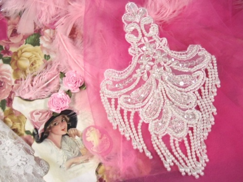 L62  White Venise Lace Sequin Beaded Applique 8.5"