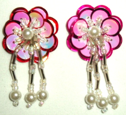 LC320 Set of ( 2 ) Fuchsia Dangle Pair Sequin Beaded Appliques 2"