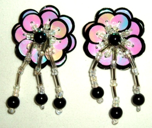 LC321 Set of ( 2 ) Black White Dangle Pair Sequin Beaded Appliques 2"