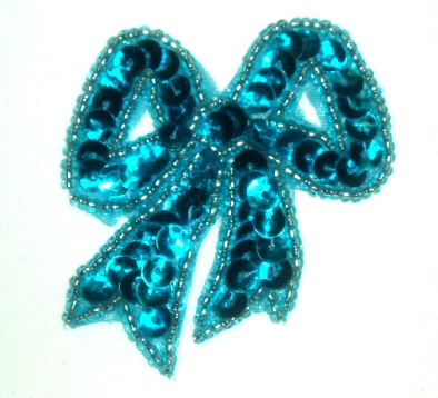 LC359  Turquoise Bow Sequin Beaded Applique  2.25"