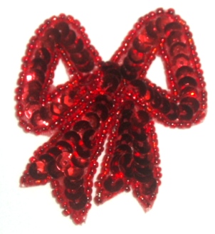 LC361  Red Bow Sequin Beaded Applique  3.25"