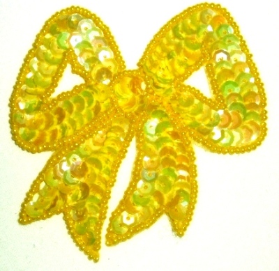 LC361  Yellow AB Bow Sequin Beaded Applique  3.25"