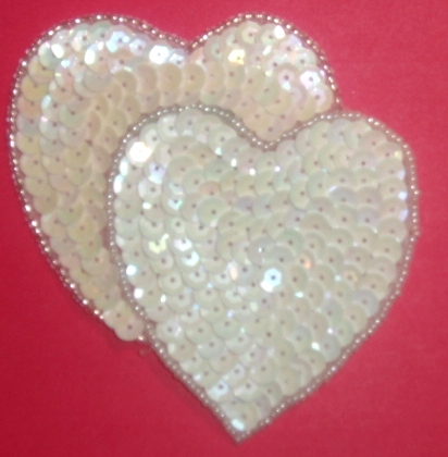 LC362 Pink White Double Heart Sequin Beaded Applique  3.75"
