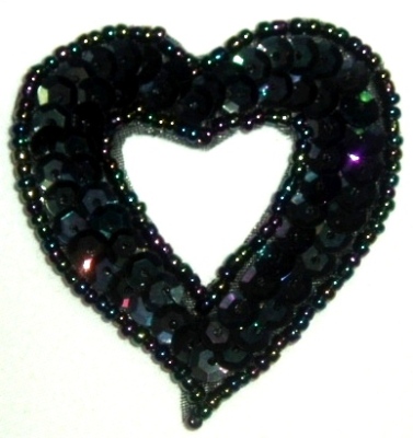 LC363  Black AB Heart Sequin Beaded Applique  2.25"