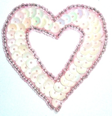 LC363  Pink AB Heart Sequin Beaded Applique  2.25"