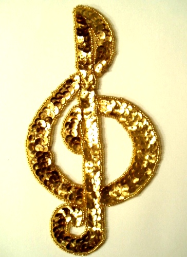 LC4  Gold Musical Note G Clef Sequin Beaded Applique 7"