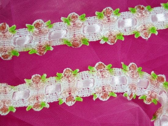C38  Pink Rose Ribbon Lace Trim 1.25"