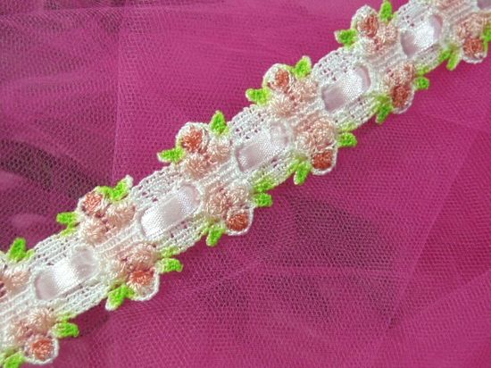 C38  Pink Rose Ribbon Lace Trim 1.25"