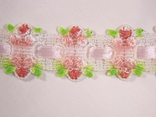C38  Pink Rose Ribbon Lace Trim 1.25"