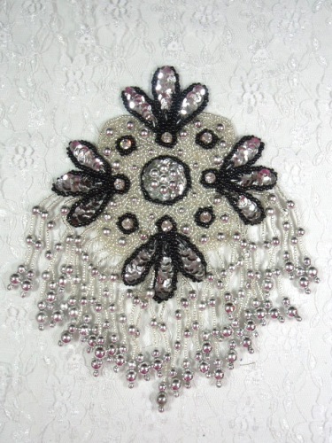 MA245 Silver Black Rhinestone Beaded Sequin Epaulet Hair Bow / Brooch / Applique 8"