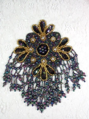 MA245 Black AB Gold Rhinestone Beaded Sequin Epaulet Hair Bow / Brooch / Applique 8"