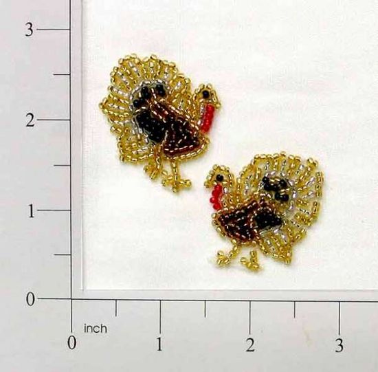 E058pr Set of ( 2 )Thanksgiving Turkey Mirror Pair Sequin Beaded Appliques 1.5"