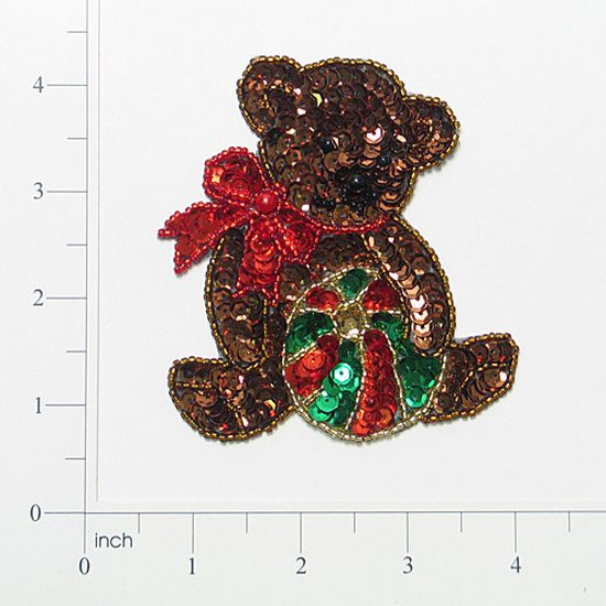 E197s Teddy Bear w/ Ball Sequin Beaded Applique 3.5"