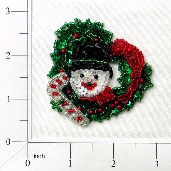 E3118  Christmas Snowman Wreath Sequin Beaded Applique 3.5"