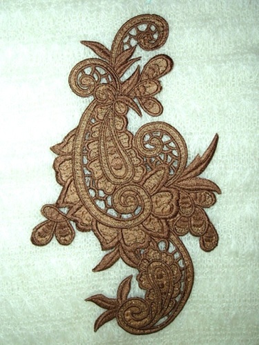 E645  Copper Brown Paisley Embroidered Iron On Applique 9.5"