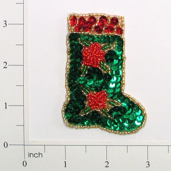 E752xs Christmas Stocking Sequin Beaded Applique 3"