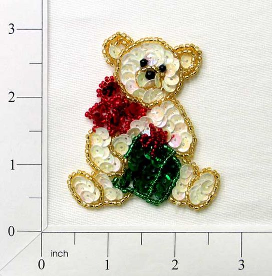 E865 Teddy Bear w/ Gift Sequin Beaded Applique 2.5"