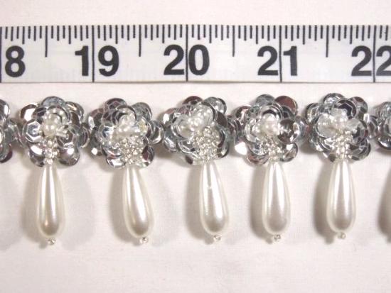 T8900D Silver Pearl Dangle Sequin Beaded Applique or Trim
